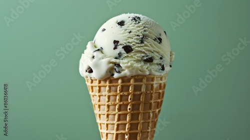 A scoop of mint chocolate chip ice cream resting in a crisp waffle cone, presented in front of a mint green solid color background, in a sharp, high-resolution stock photograph. © horizon