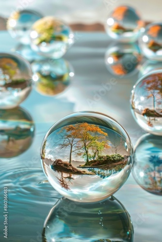 Transparent glass orbs floating above a reflective surface, each containing miniature landscapes, symbolizing the encapsulation of diverse ideas.