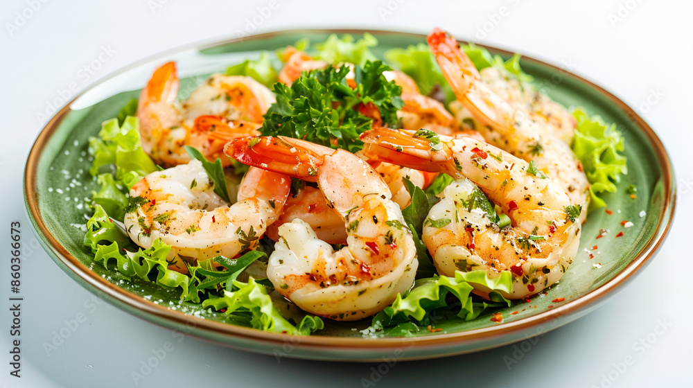 delicious shrimp salad on blue plate on white background with copy space delicious shrimp salad on blue plate on white background with copy space