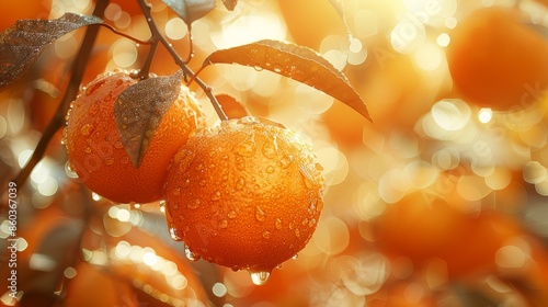 An orange with raindrops hangs on a branch illuminated by the rays of the sun