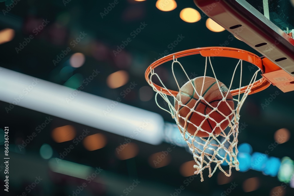 Basketball going through the hoop, close-up, a thrilling and simple moment in sports. Basketball going through the hoop, close-up, a thrilling and simple moment in sports.