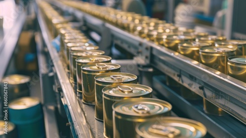 At the canned food factory, cans filled with their contents move along a conveyor belt for labeling and marking.