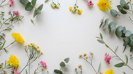 Flowers composition Round frame made of yellow and pink flowers eucalyptus branches on white background Flat lay top view copy space : Generative AI