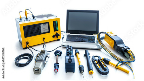 Non-Destructive Testing (NDT) Equipment: Includes methods like ultrasonic testing and eddy current testing to detect defects in aircraft structures isolated on white background photo