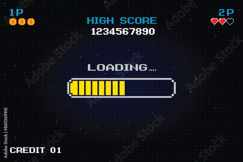 LOADING bar .pixel art .8 bit. retro game. for game assets in vector illustrations. Retro Futurism Sci-Fi Background. glowing neon grid and star from vintage arcade computer game.