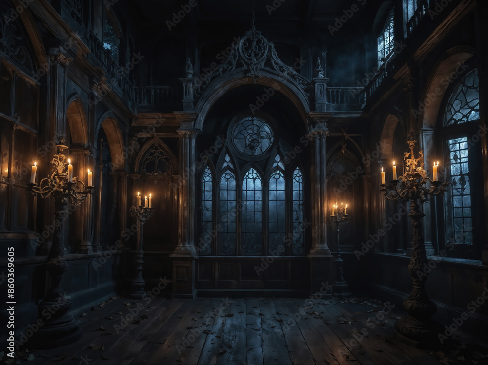 Fototapeta premium Candelabras illuminating abandoned gothic mansion interior at night