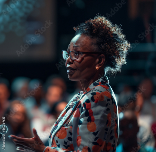 global businesswoman at an international conference delivering a keynote speech with a confident and engaging presence