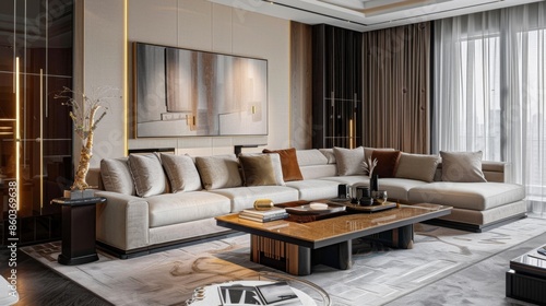 279. Modern living room with a sofa, coffee table, and decor