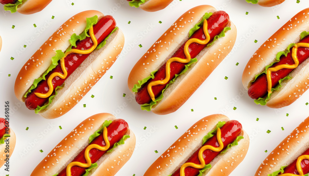 A row of hot dogs with mustard and lettuce on top A row of hot dogs with mustard and lettuce on top