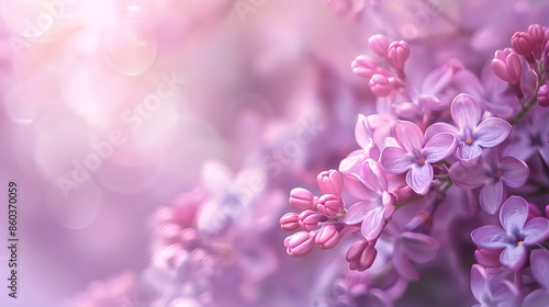 Lilac flowers bloom branch panorama Greeting gift card background  Toned image Template banner : Generative AI