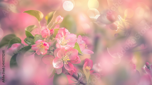 Spring flowers background in peach fuzz color Blooming apple tree Soft focus springtime blossom freshness : Generative AI