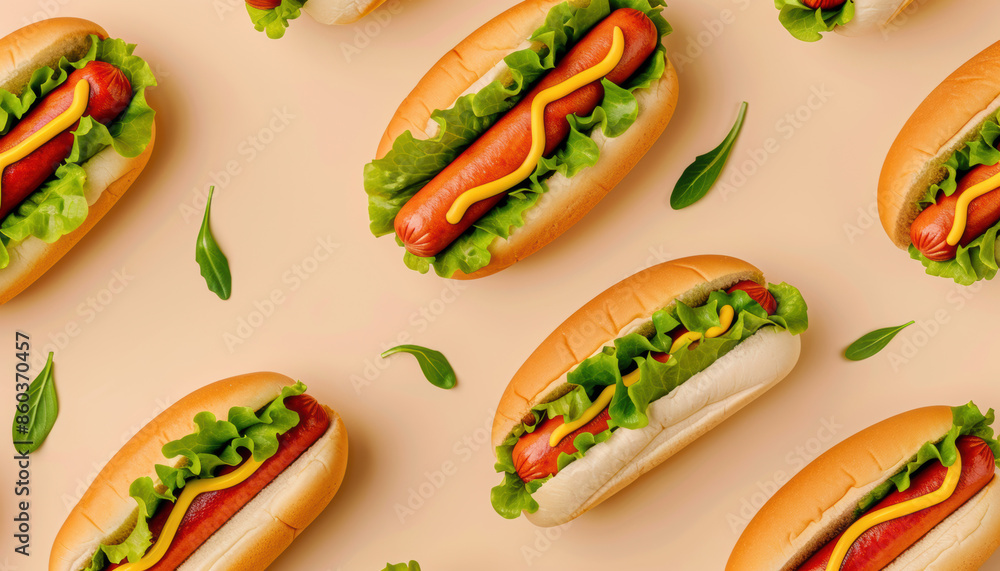 A row of hot dogs with mustard and lettuce on top A row of hot dogs with mustard and lettuce on top