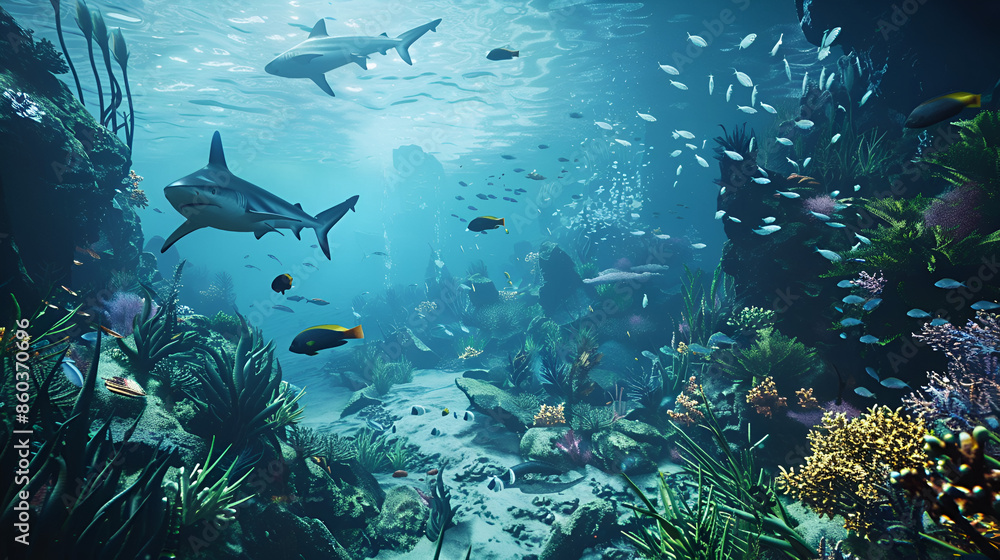 Fototapeta premium a cinematic shot of beautiful coral seabed with schools of fish and menacing silhouettes of sharks in the distance