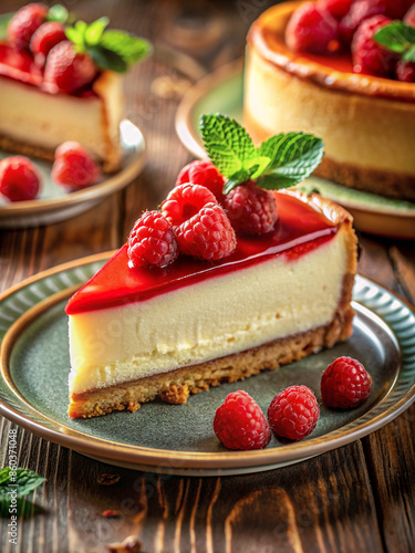 A piece of delicious cheesecake with raspberries on a plate, wooden table. Side view, selective focus. photo