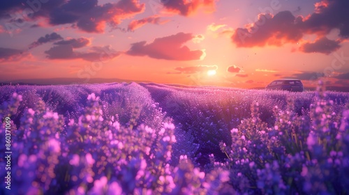 A vast lavender field under a sunset sky, with the vibrant purple hues of the flowers blending seamlessly into the orange and pink colors above. © horizon