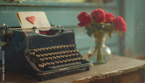 Vintage typewriter with paper heart and red roses in vase on rustic wooden table, evoking nostalgia and romance in a cozy setting.