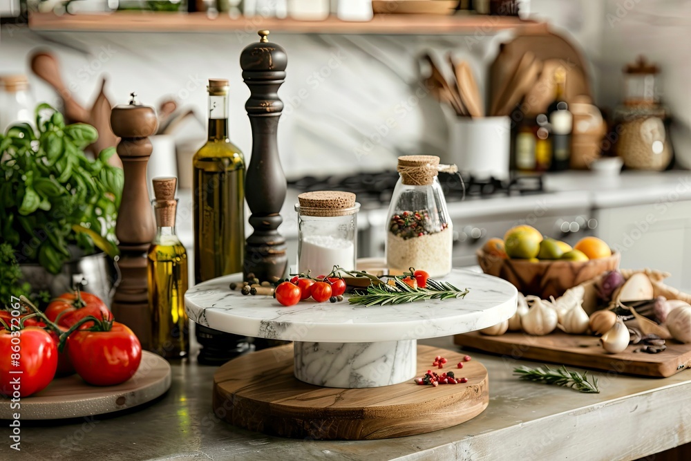 Marble stone stand on kitchen table with various food ingredients - generative ai Marble stone stand on kitchen table with various food ingredients - generative ai