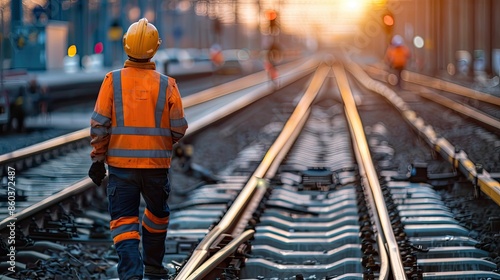 Construction worker building railroad tracks