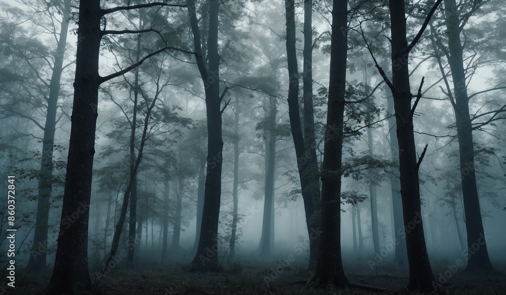 Fototapeta premium Dense forest with tall trees and misty atmosphere.