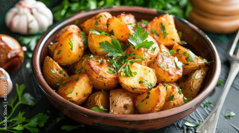 A bowl of crispy fried potatoes tossed with garlic and parsley, served as a side dish A bowl of crispy fried potatoes tossed with garlic and parsley, served as a side dish