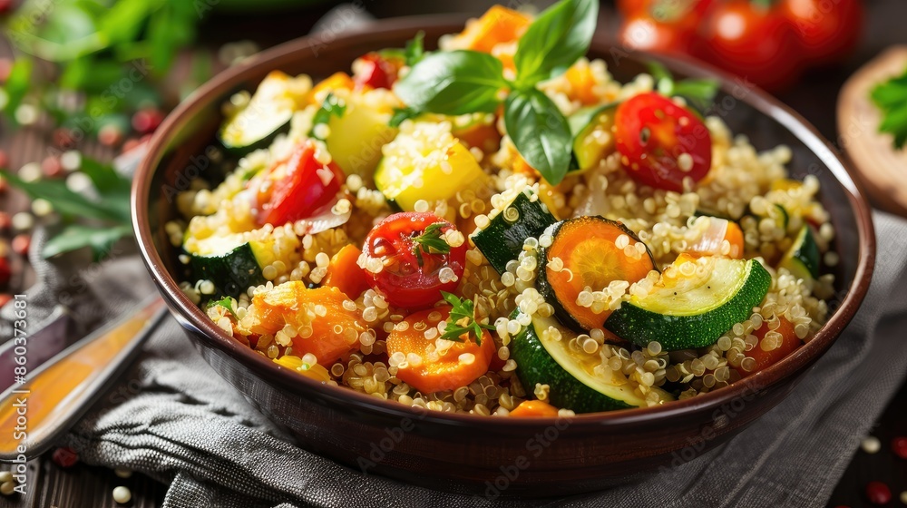 A bowl of quinoa salad with roasted vegetables, including zucchini, carrots, and cherry tomatoes - A bowl of quinoa salad with roasted vegetables, including zucchini, carrots, and cherry tomatoes -