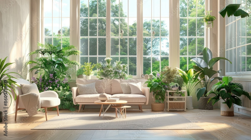 A bright and airy living room with pastel-colored furniture, houseplants, and large windows that offer a view of a lush garden A bright and airy living room with pastel-colored furniture, houseplants, and large windows that offer a view of a lush garden