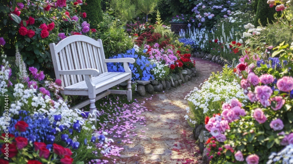236. Outdoor garden with a bench and blooming flowers 236. Outdoor garden with a bench and blooming flowers