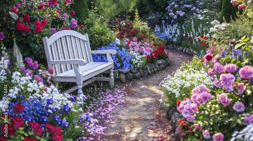 Fototapeta Naklejka Na Ścianę i Meble -  236. Outdoor garden with a bench and blooming flowers