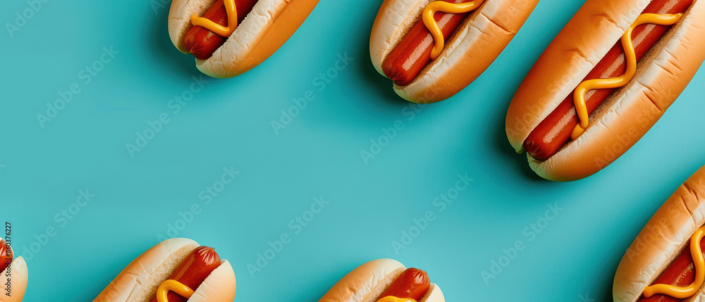 Fototapeta premium A row of hot dogs with mustard and ketchup on them