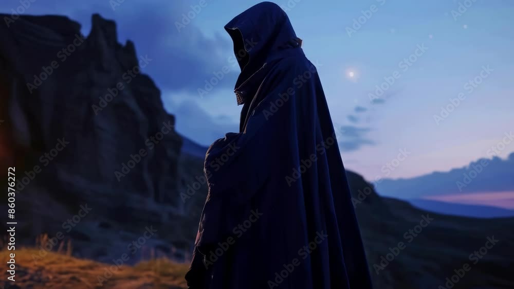 A person dressed in a cloak stands on a hill overlooking the landscape. A person dressed in a cloak stands on a hill overlooking the landscape.