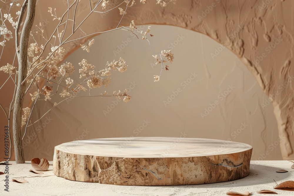Wooden cut podium with Dry leaves flowers on beige background. Concept scene stage Decoration with stone showcase, product, promotion sale, presentation, beauty cosmetic. Wood stand - generative ai Wooden cut podium with Dry leaves flowers on beige background. Concept scene stage Decoration with stone showcase, product, promotion sale, presentation, beauty cosmetic. Wood stand - generative ai
