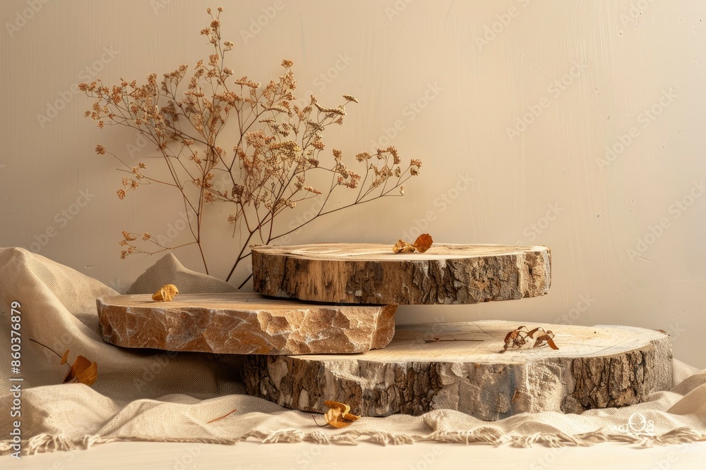 Wooden cut podium with Dry leaves flowers on beige background. Concept scene stage Decoration with stone showcase, product, promotion sale, presentation, beauty cosmetic. Wood stand - generative ai Wooden cut podium with Dry leaves flowers on beige background. Concept scene stage Decoration with stone showcase, product, promotion sale, presentation, beauty cosmetic. Wood stand - generative ai