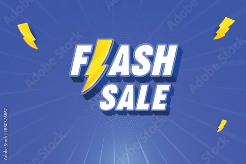 Flash Sale Banner With Thunder Sign On Blue Background. Special Shopping Offer Campaign. Retro Style Design Vector Illustration.