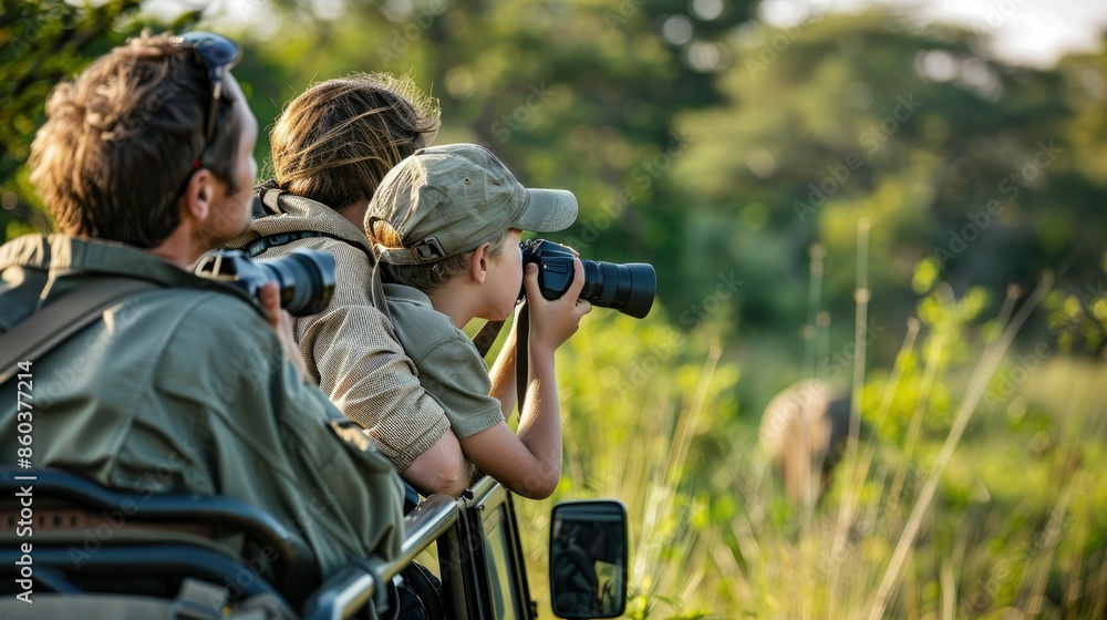 Obraz premium Family on a safari adventure watching wildlife up close from a jeep