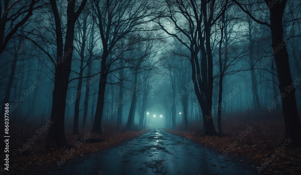 Naklejka premium Misty forest path illuminated by faint streetlights.