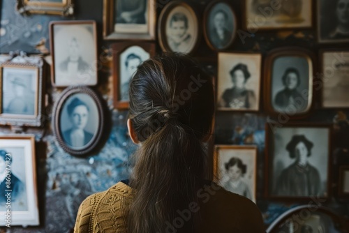 tracing ancestry through dna woman hangs old family photos on wall generational legacy concept photo