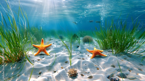 A tranquil view of a seagrass meadow with various marine species like starfish, sea urchins, and small fish, showing the importance of seagrass habitats in maintaining marine biodiversity. photo