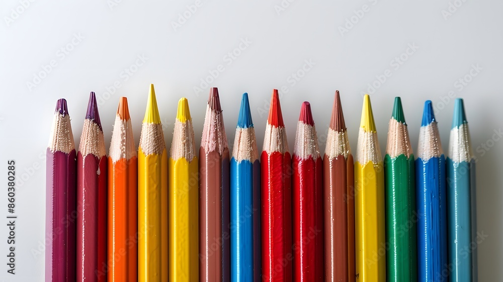 Colorful pencils arranged in a row on white background, copy space concept. Color pencil set, drawing and painting. Colorful pencils arranged in a row on white background, copy space concept. Color pencil set, drawing and painting.
