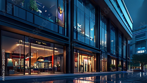 Night view from front of a Shopping mall with glass windows and glass doors