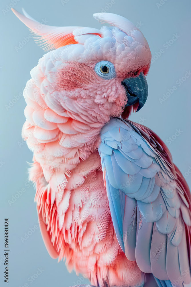 Fototapeta premium portrait of a serene pink and cyan parrot with detailed feather texture