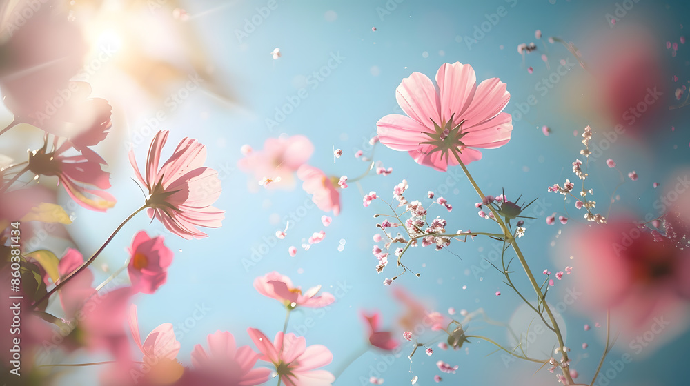 Spring flowers fly on a blue sky background Beautiful pastel pink flower arrangement Summer wallpaper : Generative AI Spring flowers fly on a blue sky background Beautiful pastel pink flower arrangement Summer wallpaper : Generative AI