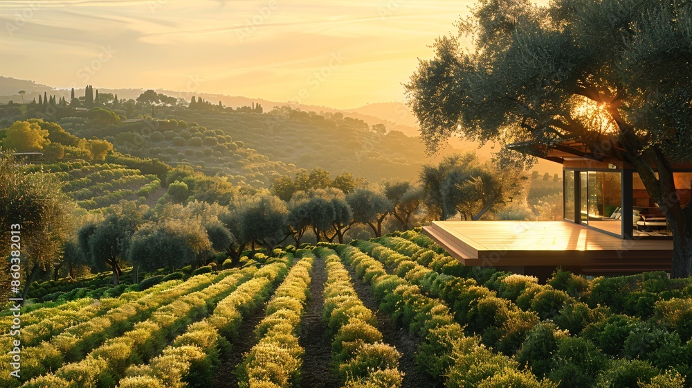 Fototapeta premium Modern house with wooden deck overlooking olive grove and rolling hills at sunset.
