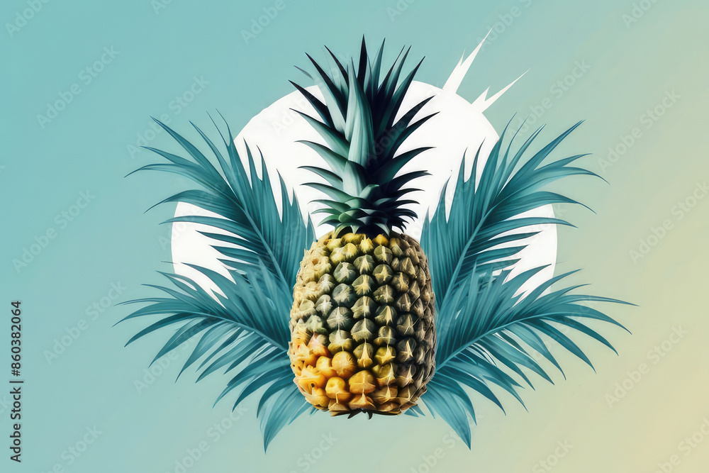 Juicy ripe flying pineapple fruit and pineapple pieces on pastel blue background. Juicy ripe flying pineapple fruit and pineapple pieces on pastel blue background.