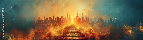 Conceptual image of a ladder made of gold coins leading to a city skyline Wealth journey Path to financial success and urban prosperity