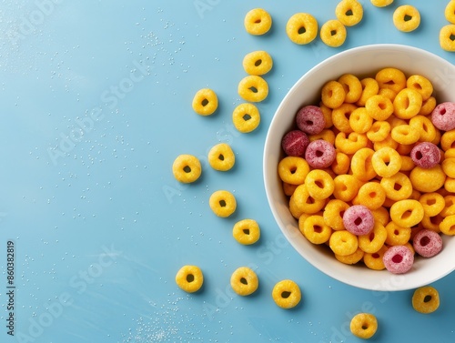 yellow and red cereal rings in a white bowl on a blue background.
