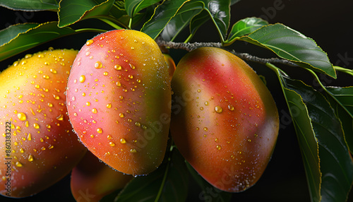 Fresh juicy mango fruit on branch on nature background photo