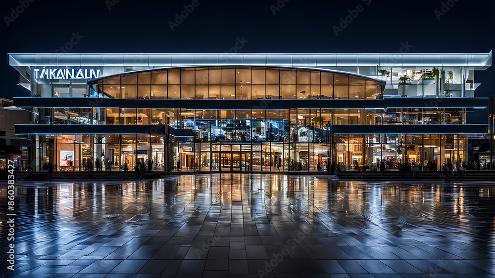 Fototapeta premium Night view from front of a Shopping mall with glass windows and glass doors