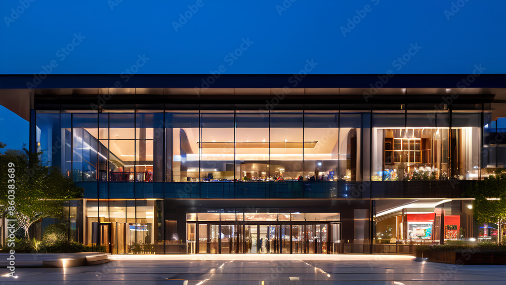 Night view from front of a Shopping mall with glass windows and glass doors Night view from front of a Shopping mall with glass windows and glass doors