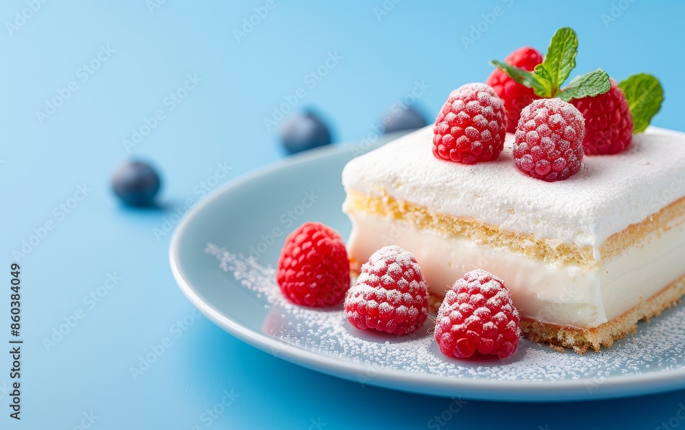 delicious cake slice with fresh raspberries and powdered sugar on blue background. delicious cake slice with fresh raspberries and powdered sugar on blue background.
