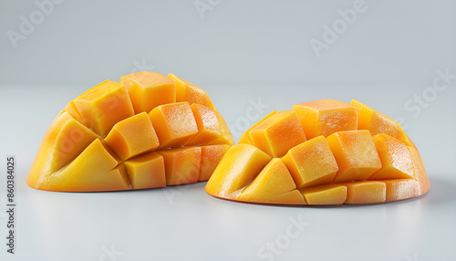 Fresh juicy mango fruit slice on grey background